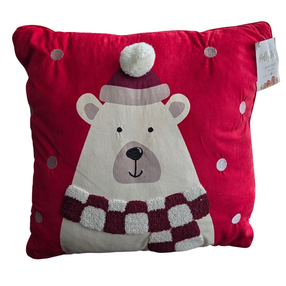 Holly Jolly Christmas Polar Bear Accent Pillow Red Velvet Like Soft 18x 18 NWT